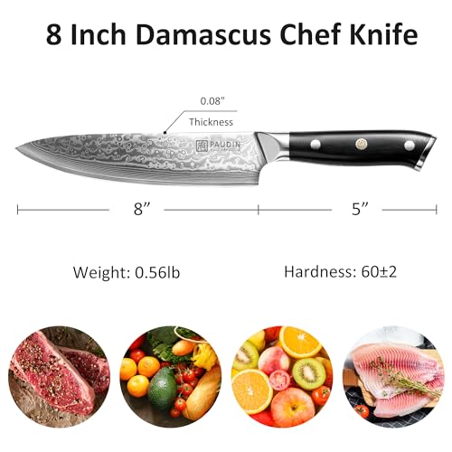 PAUDIN Damascus Chef Knife, 8 Inch Kitchen Knife, 67 Layers Damascus Steel Knife Japanese VG10 Core, Non-slip Ultra Sharp Chefs Knife with Ergonomic G10 Handle - Image 2