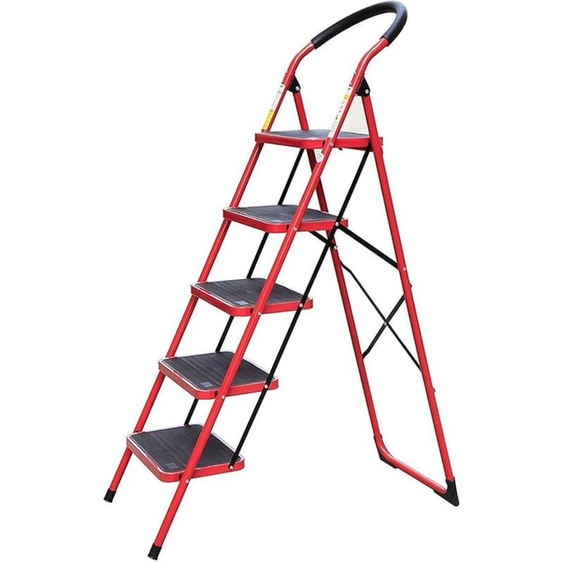 5 Step House Steel Ladder Multi-Function Staircase Red Color With Wide Pedal Step Stool - Image 1