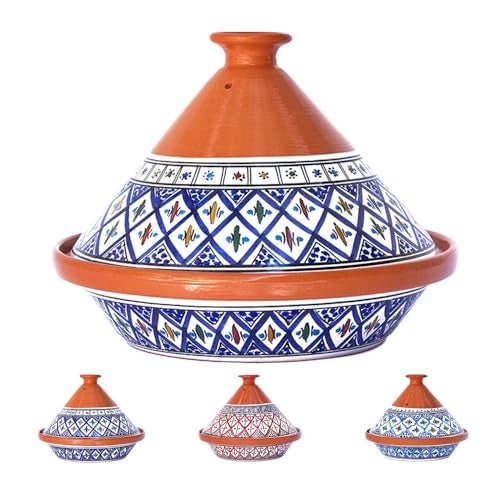 وعاء طاجين كمساه للطهي وتعزيز النكهة وعاء طيني كبير 12 55 QT غير لاصق مصنوع يدويًا أواني طهي مغربية خزفية للطهي مع غطاء وعاء تقديم بوهيمي أزرق رائع