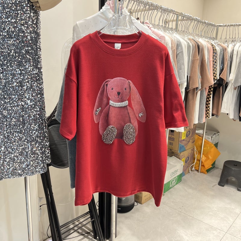 Thickened Sanding T-shirt Women's Winter European Cartoon Rabbit Mid-length Loose All-match Large Round Neck Short-sleeved Top Ins - Image 1