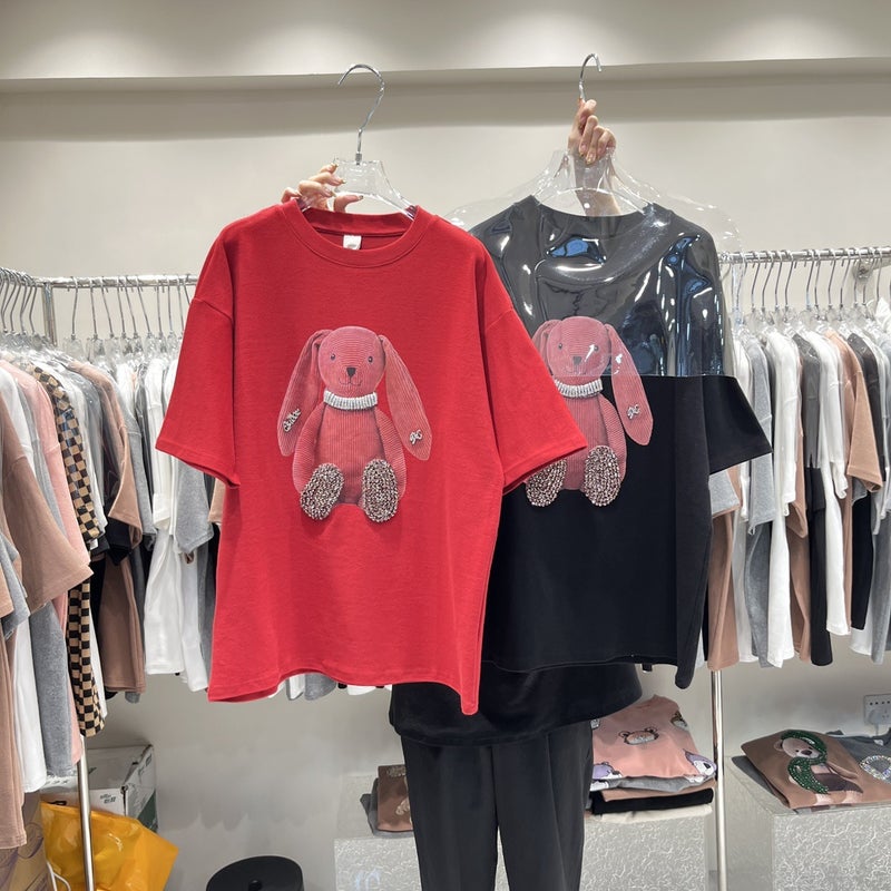 Thickened Sanding T-shirt Women's Winter European Cartoon Rabbit Mid-length Loose All-match Large Round Neck Short-sleeved Top Ins - Image 2