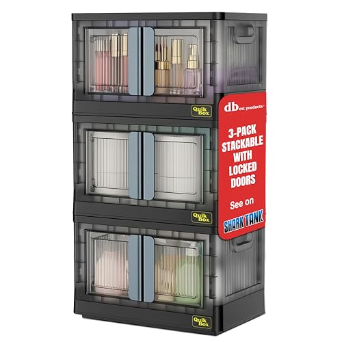 dbest products Quik Box - 8.5 Gallon 3-Pack Stackable Storage Bins with Doors & Wheels - Collapsible Organizer for Dorms, Bedroom & Home - Durable Polystyrene - Black - Image 1
