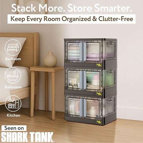 dbest products Quik Box - 8.5 Gallon 3-Pack Stackable Storage Bins with Doors & Wheels - Collapsible Organizer for Dorms, Bedroom & Home - Durable Polystyrene - Black - Image 2