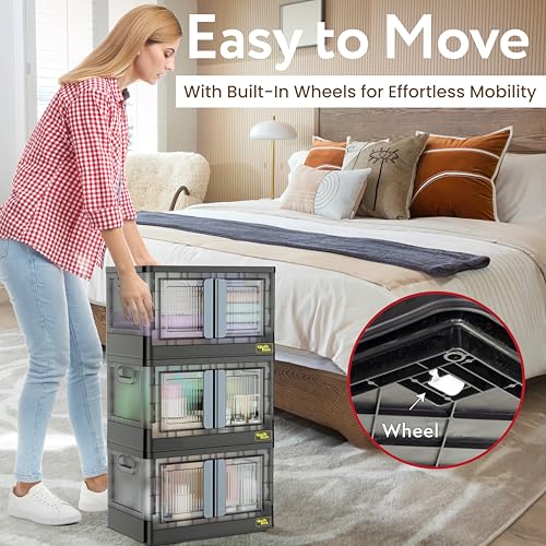 dbest products Quik Box - 8.5 Gallon 3-Pack Stackable Storage Bins with Doors & Wheels - Collapsible Organizer for Dorms, Bedroom & Home - Durable Polystyrene - Black - Image 3