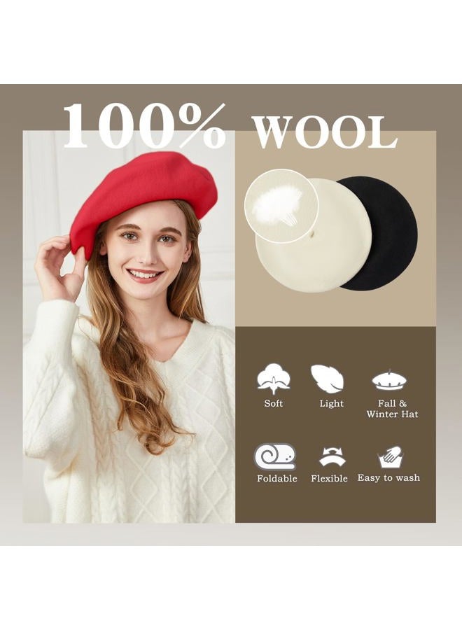 recapitula XXL 100% Wool French White Beret Hats for Women Man Painter hat Classic Painter's Hat Girl Solid Color Classic, Bright Red, M-L - Image 2