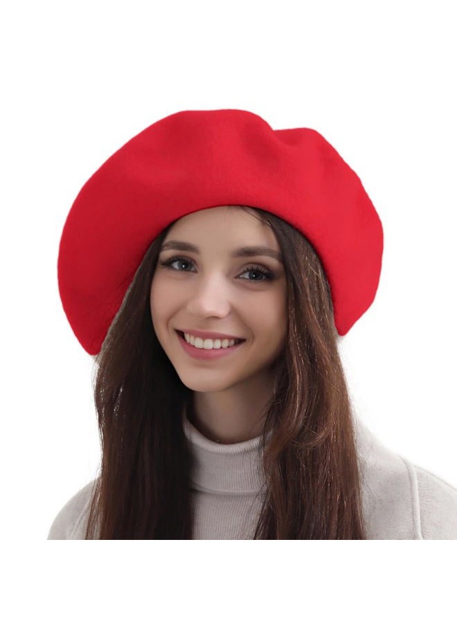 recapitula XXL 100% Wool French White Beret Hats for Women Man Painter hat Classic Painter's Hat Girl Solid Color Classic, Bright Red, M-L - Image 1