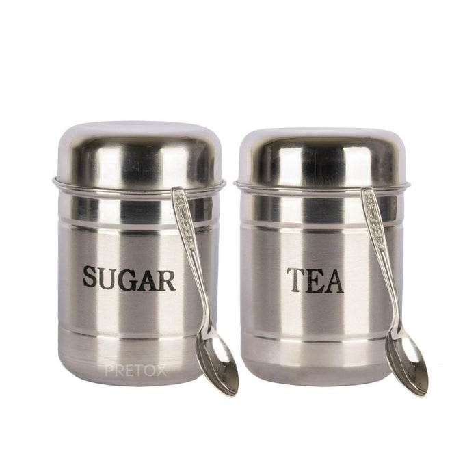 STAINLESS STEEL SET OF 2 TEA AND SUGAR CONTAINER TEA SUGAR DABBA SET 700 ML STEEL TEA SUGAR CONTAINER BIG SIZE HOME AND KITCHEN USE TOPE CONTAINER FREE 2 SPOON