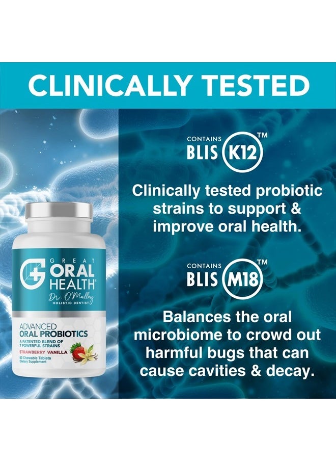 Great Oral Health - Oral Probiotics for Mouth Bad Breath Treatment for Adults: Dentist Formulated Advanced Oral Probiotics for Teeth and Gums +BLIS K12 M18 – 60 Chewable Oral Health Probiotics Tablets -Strawberry Vanilla - Image 1