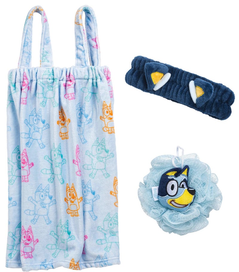 Jay Franco Bluey 3 Piece Spa  Bath Set  Includes Towel Wrap Loofah  Spa Headband  Kids Bath  Shower Accessories