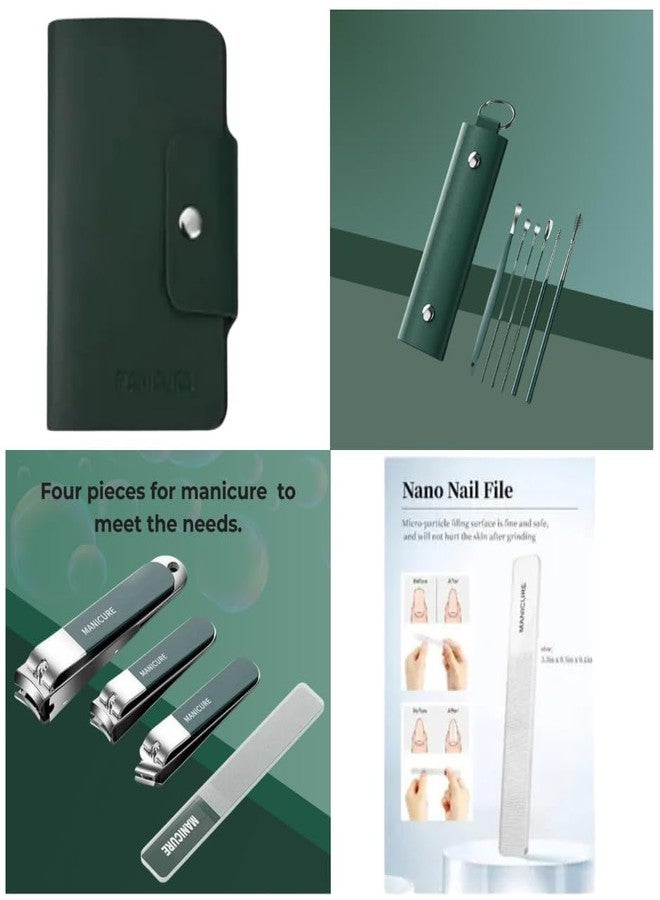 CRENTROVA 10 in 1 Nail Clipper Set with Ear Cleaner - Manicure Pedicure Kit for Men & Women, Fingernail & Toenail Clippers, Nail File, Portable Travel Grooming Kit with Leather Case (Dark Green) - Image 3