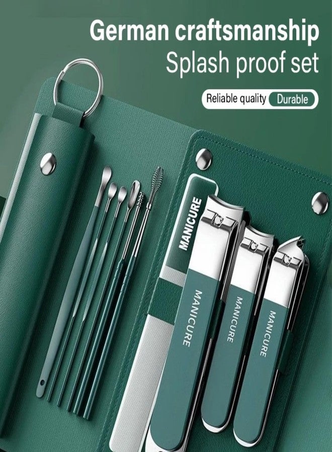 CRENTROVA 10 in 1 Nail Clipper Set with Ear Cleaner - Manicure Pedicure Kit for Men & Women, Fingernail & Toenail Clippers, Nail File, Portable Travel Grooming Kit with Leather Case (Dark Green) - Image 2