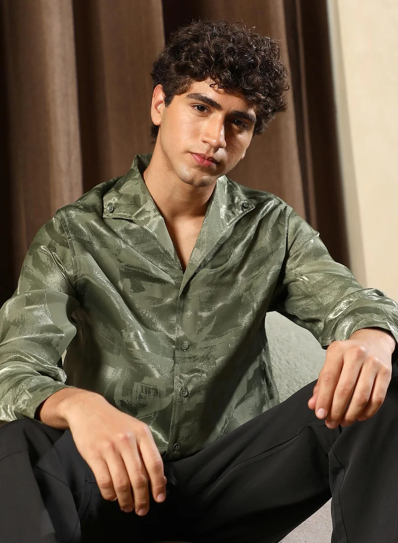 Campus Sutra Men Abstract-Jacquard Satin Shirt | One Piece Collar , Long Cuffed Sleeves | Button Closure Straight Hem | Abstract Jacquard | Woven Fabric For Party & Evening Wear | Dark Olive