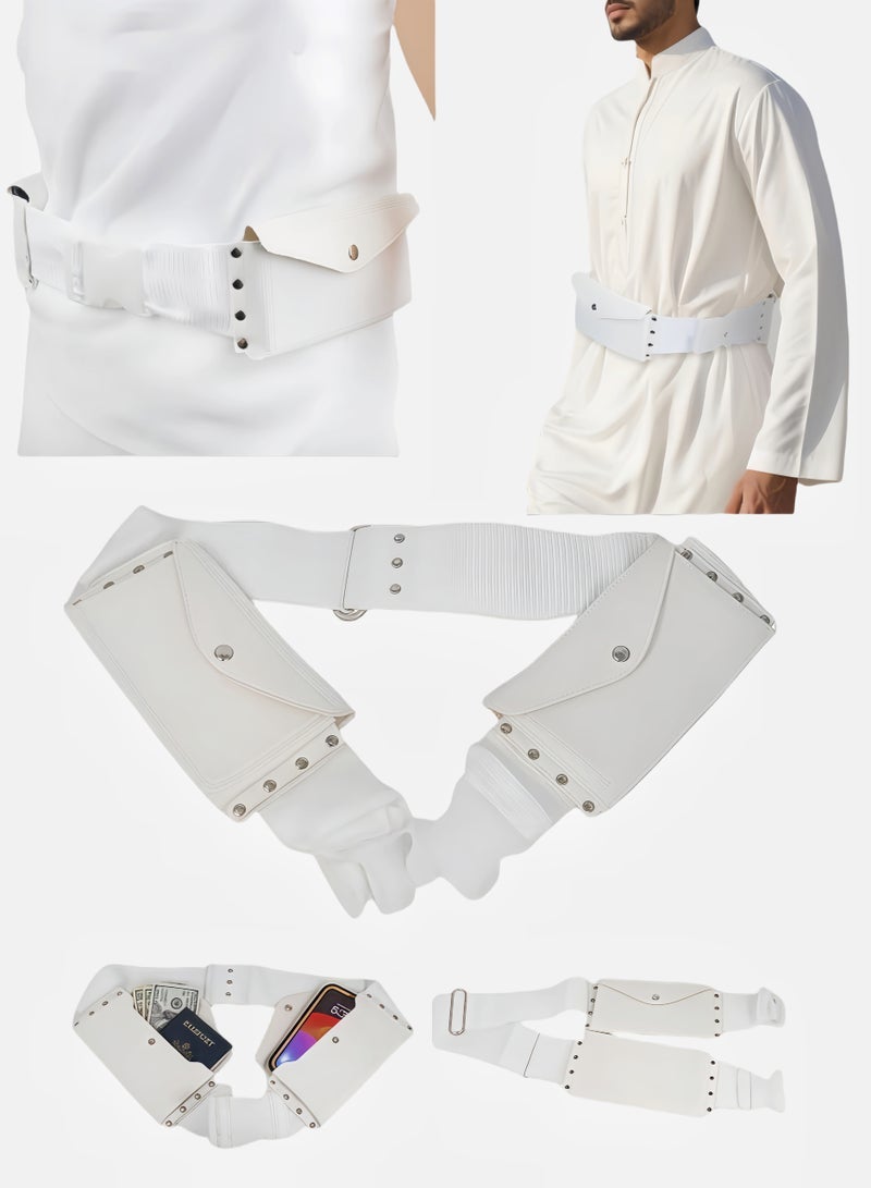 Men's White Thobe Belt with Dual Pockets, Elastic Waist Belt for Arabic Thobe, Traditional Islamic Belt with Storage Pockets for Phone, Cards, Cash - Image 1