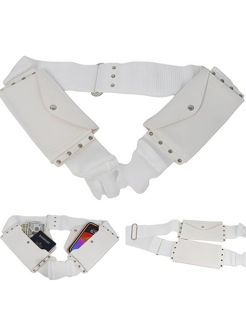 Men's White Thobe Belt with Dual Pockets, Elastic Waist Belt for Arabic Thobe, Traditional Islamic Belt with Storage Pockets for Phone, Cards, Cash - Image 2