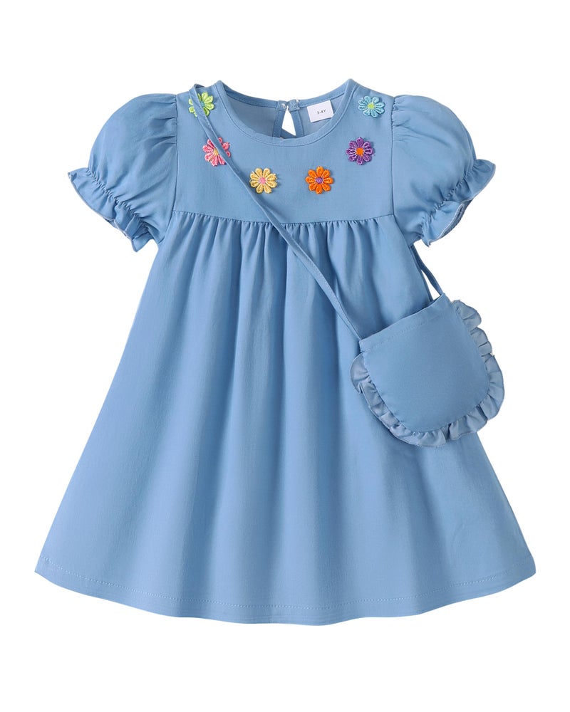 Yhnslsf 3t Girl Clothes 2t Baby Girls Dresses Casual Puff Sleeve Ruffle Dress for Toddler Girl Summer Essential 2Piece Sets Colorful Flower Embroidery Button Blue Sundress Holiday with Cute Cross Bag - Image 1
