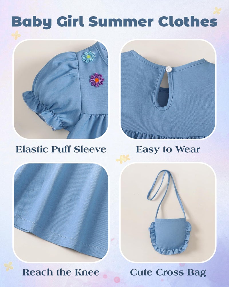 Yhnslsf 3t Girl Clothes 2t Baby Girls Dresses Casual Puff Sleeve Ruffle Dress for Toddler Girl Summer Essential 2Piece Sets Colorful Flower Embroidery Button Blue Sundress Holiday with Cute Cross Bag - Image 4