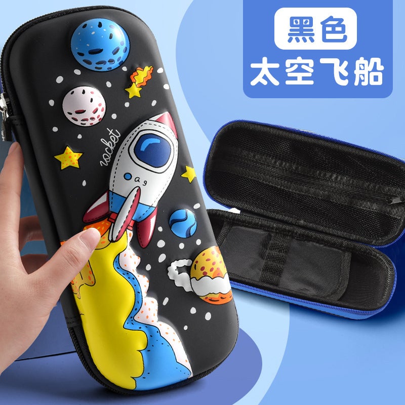 3D Cartoon Fabric Pen Bag Boys Girls School Supplies New Style Student Pencil Case Stationery Box Black spaceship with cloth cover 