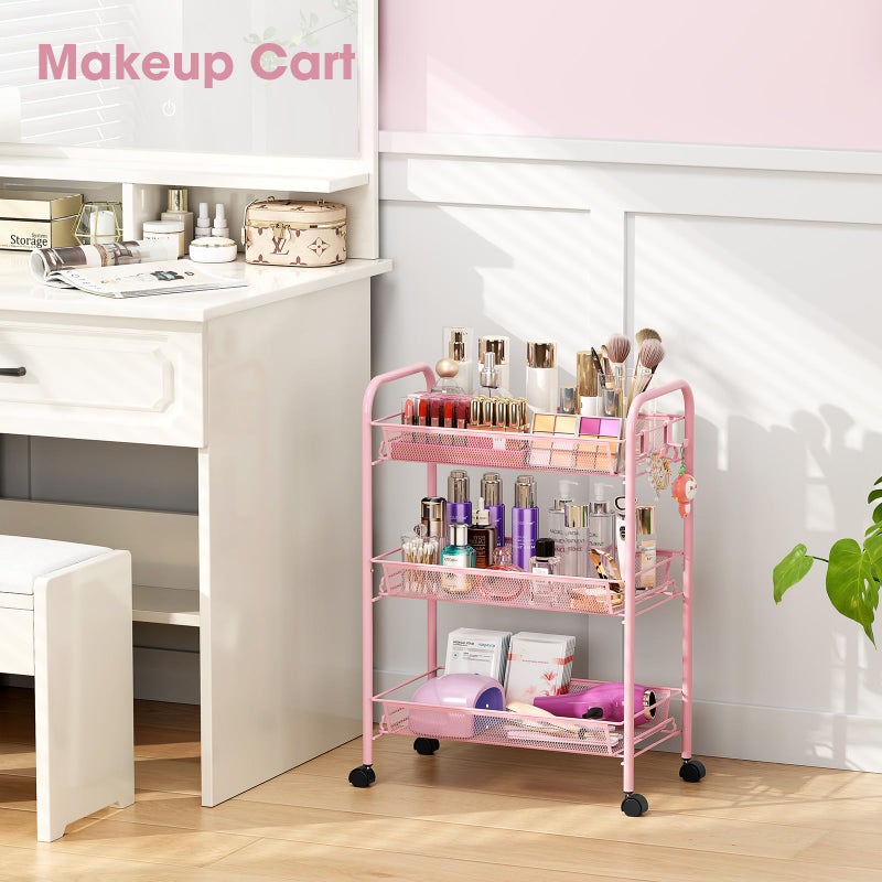 TOOLF 3 Tier Rolling Cart Pink - Metal Storage Organizer with Wheels, 33 lbs Shelf Capacity, Easy 5-Min Assembly, for Girls Room Bathroom Kitchen Office Nursery, Compact Design for Small Spaces, Pink - Image 2