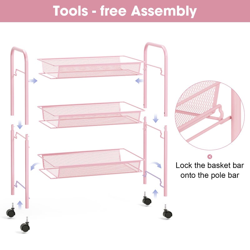 TOOLF 3 Tier Rolling Cart Pink - Metal Storage Organizer with Wheels, 33 lbs Shelf Capacity, Easy 5-Min Assembly, for Girls Room Bathroom Kitchen Office Nursery, Compact Design for Small Spaces, Pink - Image 3