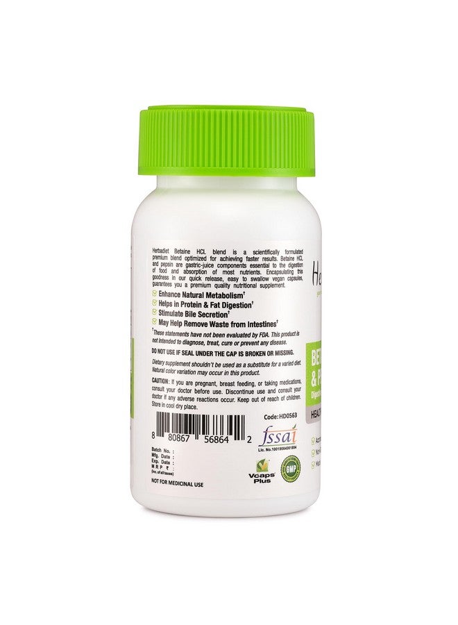 Herbadiet هيرباديت بيتاين Hcl + بيبسين | 500 ملغ 60 كبسولة | مكمل إنزيم هضمي | دعم صحة الأمعاء، امتصاص المغذيات - Image 3