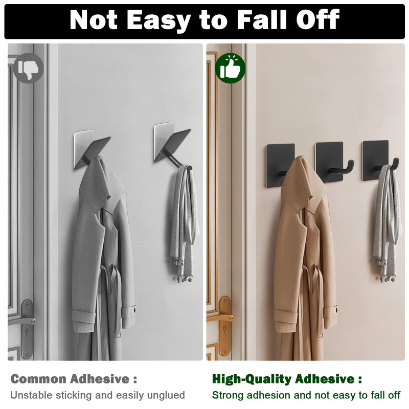 Livabber Adhesive Towel Hooks, 304 Stainless Steel Self Sticky Wall Hooks Waterproof Shower Hooks for Robe/Clothes, No Drilling Towel Hangers for Bathroom Kitchen Bedroom (Black, 6 Packs) - Image 4