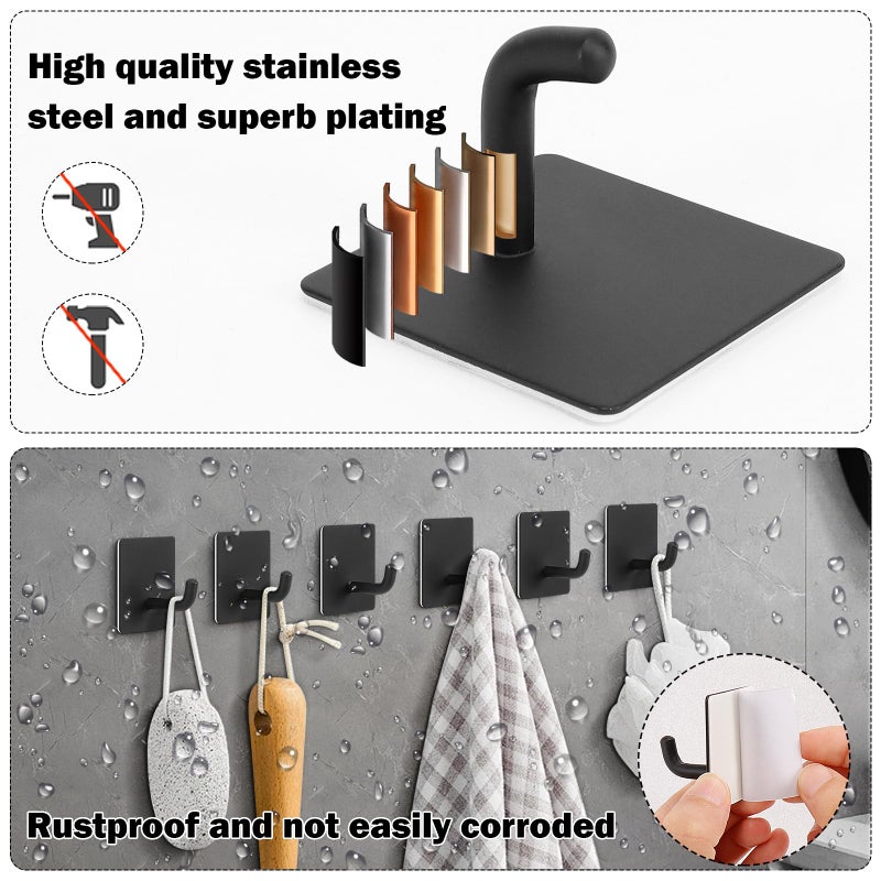 Livabber Adhesive Towel Hooks, 304 Stainless Steel Self Sticky Wall Hooks Waterproof Shower Hooks for Robe/Clothes, No Drilling Towel Hangers for Bathroom Kitchen Bedroom (Black, 6 Packs) - Image 3