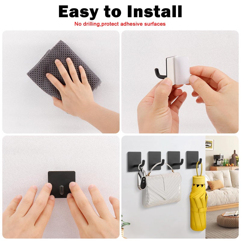 Livabber Adhesive Towel Hooks, 304 Stainless Steel Self Sticky Wall Hooks Waterproof Shower Hooks for Robe/Clothes, No Drilling Towel Hangers for Bathroom Kitchen Bedroom (Black, 6 Packs) - Image 5