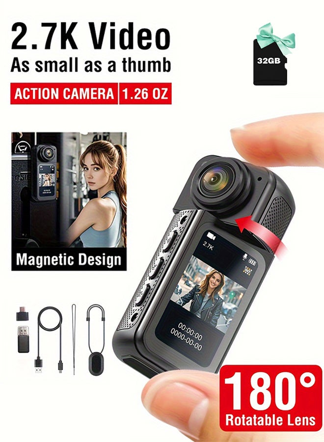 2.7K HD mini sports camera, new 180° rotating multi-angle outdoor camera, 1.47 HD magnetic camcorder, portable thumb camera with 32GB memory card, WIFI camera for vlog recording, cycling, travel, sports DV
