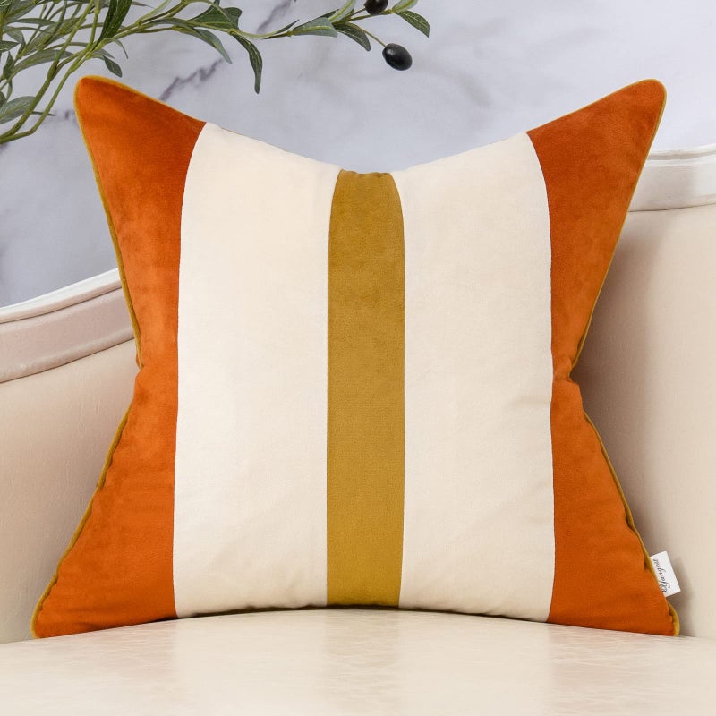 Yangest Orange Patchwork Throw Pillow Cover Striped Velvet Cushion Case Modern Pillowcase for Sofa Couch Bedroom Living Room Home Decor,18x18 Inch - Image 1