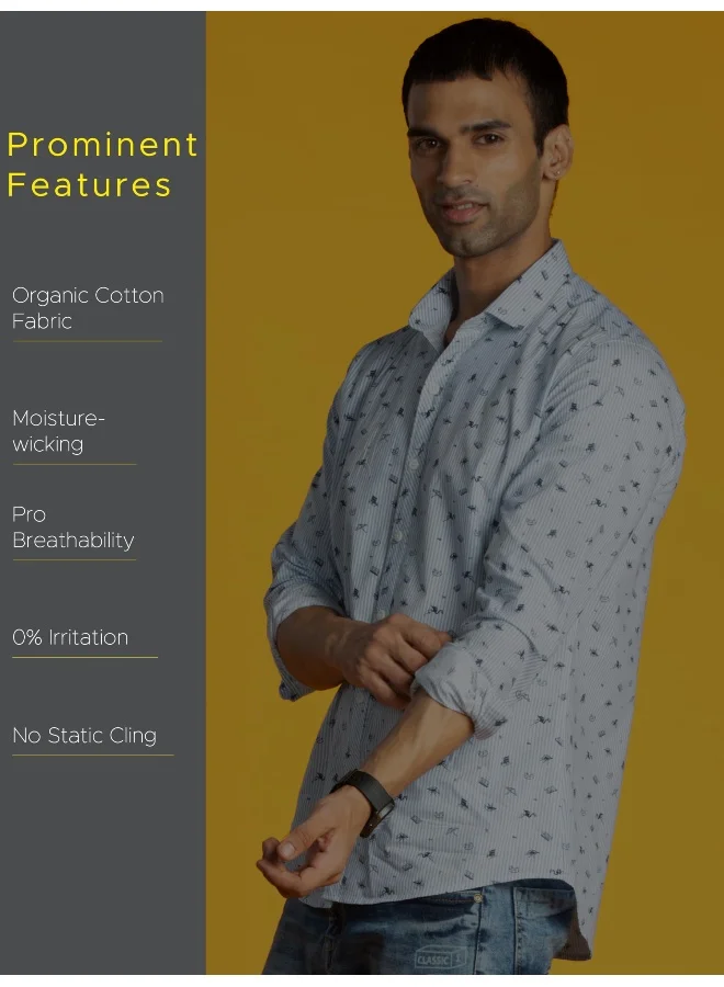 Beyoung Long Sleeve Grey Beach Printed Stripes Shirts for Men