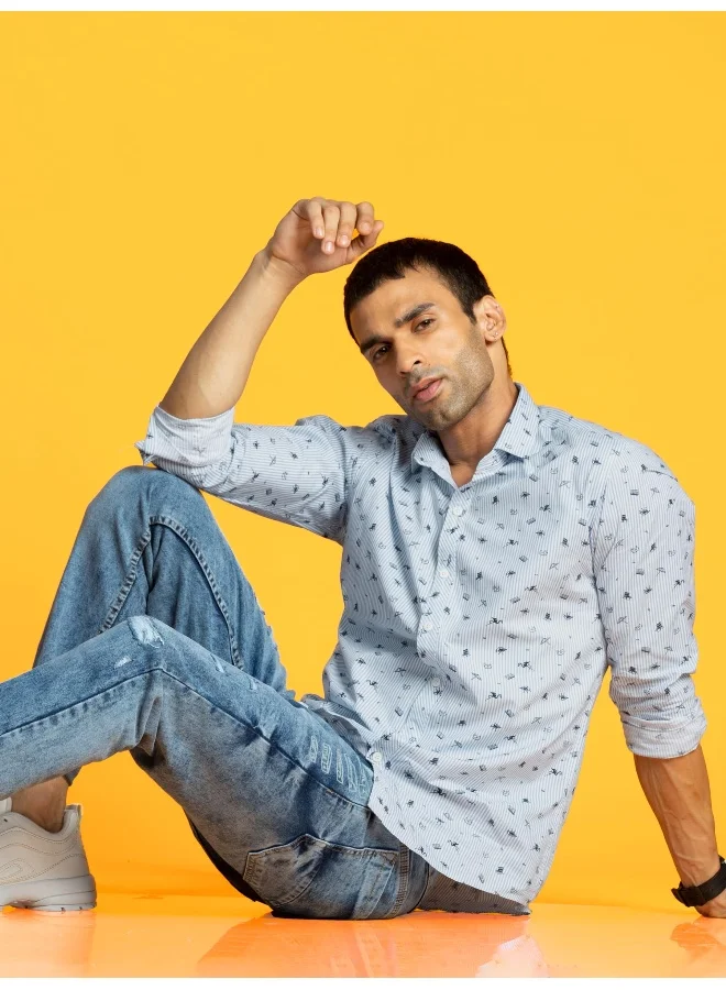 Beyoung Long Sleeve Grey Beach Printed Stripes Shirts for Men