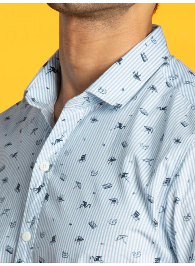 Beyoung Long Sleeve Grey Beach Printed Stripes Shirts for Men