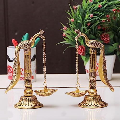 Kridaykraft Peacock Design Metal Hanging with Chain Diya Pair of Peacock Design Bird Diya Deepak Oil Lamp - Image 1