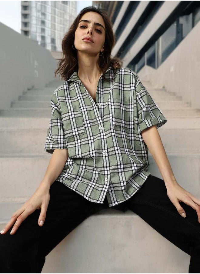 HIGH STAR Women Classic Spread Collar Tartan Checked Cotton Oversized Casual Shirt  - Image 1