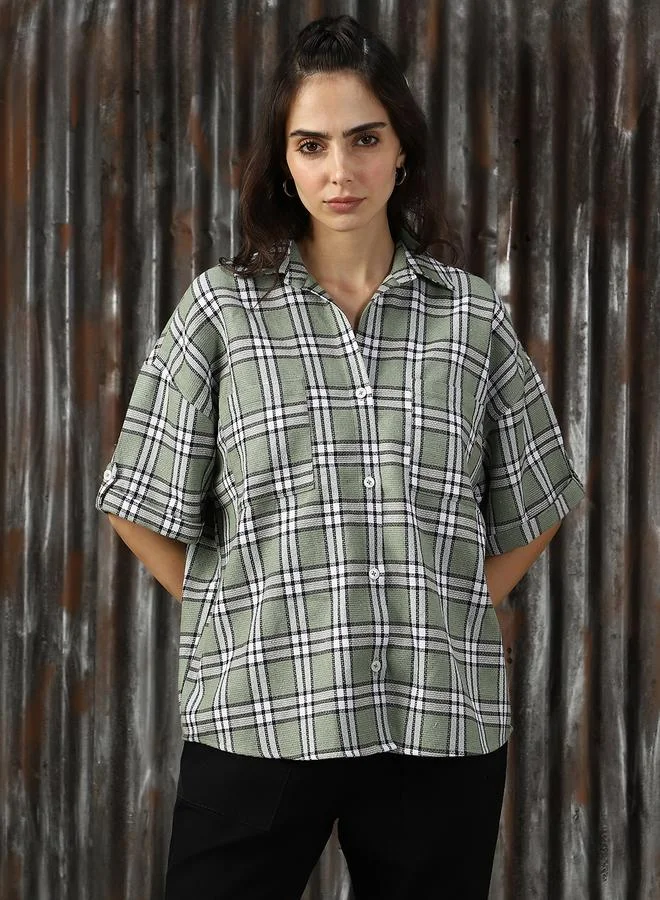 HIGH STAR Women Classic Spread Collar Tartan Checked Cotton Oversized Casual Shirt