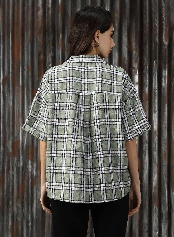 HIGH STAR Women Classic Spread Collar Tartan Checked Cotton Oversized Casual Shirt