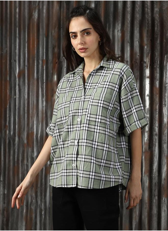HIGH STAR Women Classic Spread Collar Tartan Checked Cotton Oversized Casual Shirt  - Image 3