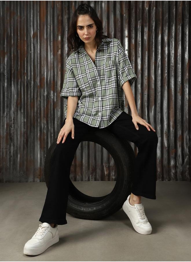 HIGH STAR Women Classic Spread Collar Tartan Checked Cotton Oversized Casual Shirt  - Image 2