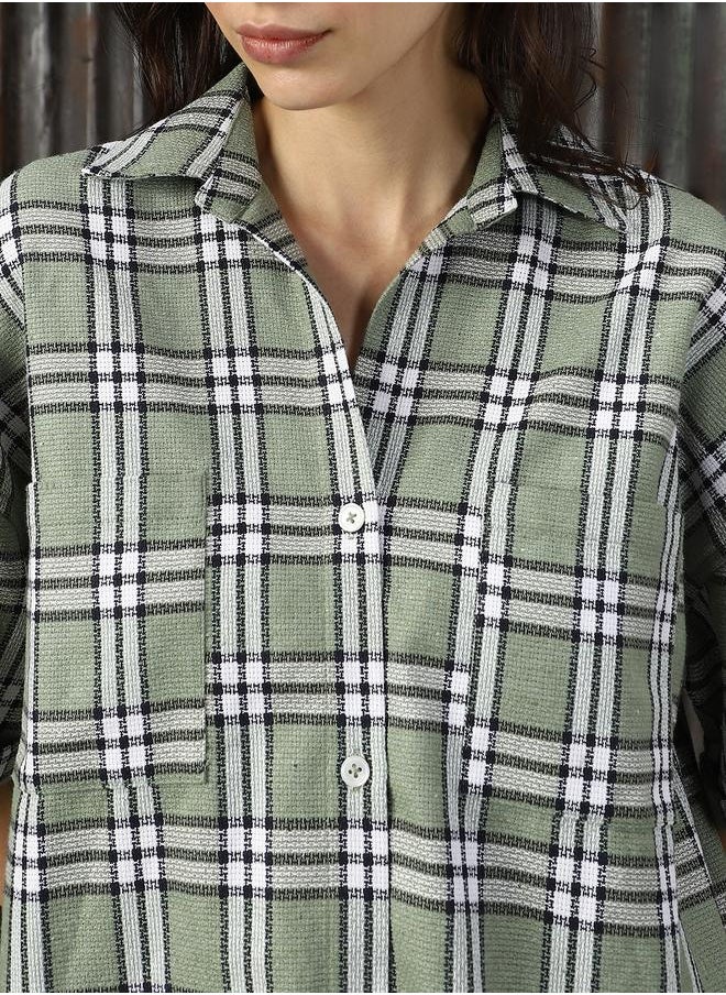 HIGH STAR Women Classic Spread Collar Tartan Checked Cotton Oversized Casual Shirt  - Image 5