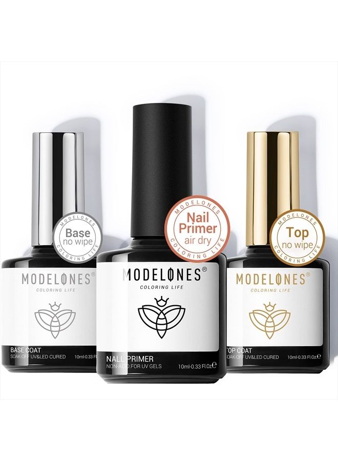 modelones Gel Top Coat and Base Coat With Nail Primer, 3Pcs No Wipe Base and top coat Gel Nail Polish Nail Bond Primer, 10ml New Upgraded Formula Long-Lasting Gel Nail kit - Image 1
