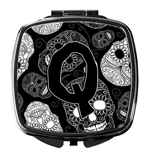 Caroline's Treasures CJ2008-QSCM Letter Q Day of the Dead Skulls Black Compact Mirror Decorative Travel Makeup Mirror for Women Girls Gifts Pocket Makeup Mirror Folding Handheld - Image 1
