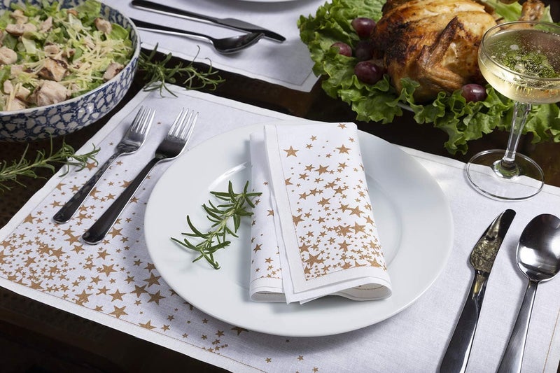 FIVE STAR NAPKINS مناديل فايف ستار نجوم ذهبية مناديل عشاء فاخرة  بيضاء من الكتان  158 x 158  للاستخدام الفردي  حفلات مناسبات عطلات 12 x - Image 2