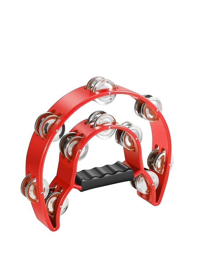 Megarya Megarya Tambourine Metal Half Moon Musical Instruments Double Row Metal Jingles Hand Held Instruments Percussion with Ergonomic Handle Grip, Tambourines for Adults Church, Red  - Image 1