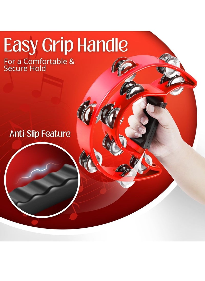 Megarya Megarya Tambourine Metal Half Moon Musical Instruments Double Row Metal Jingles Hand Held Instruments Percussion with Ergonomic Handle Grip, Tambourines for Adults Church, Red  - Image 2