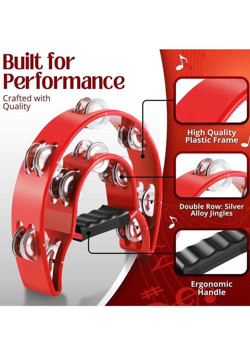 Megarya Megarya Tambourine Metal Half Moon Musical Instruments Double Row Metal Jingles Hand Held Instruments Percussion with Ergonomic Handle Grip, Tambourines for Adults Church, Red  - Image 3