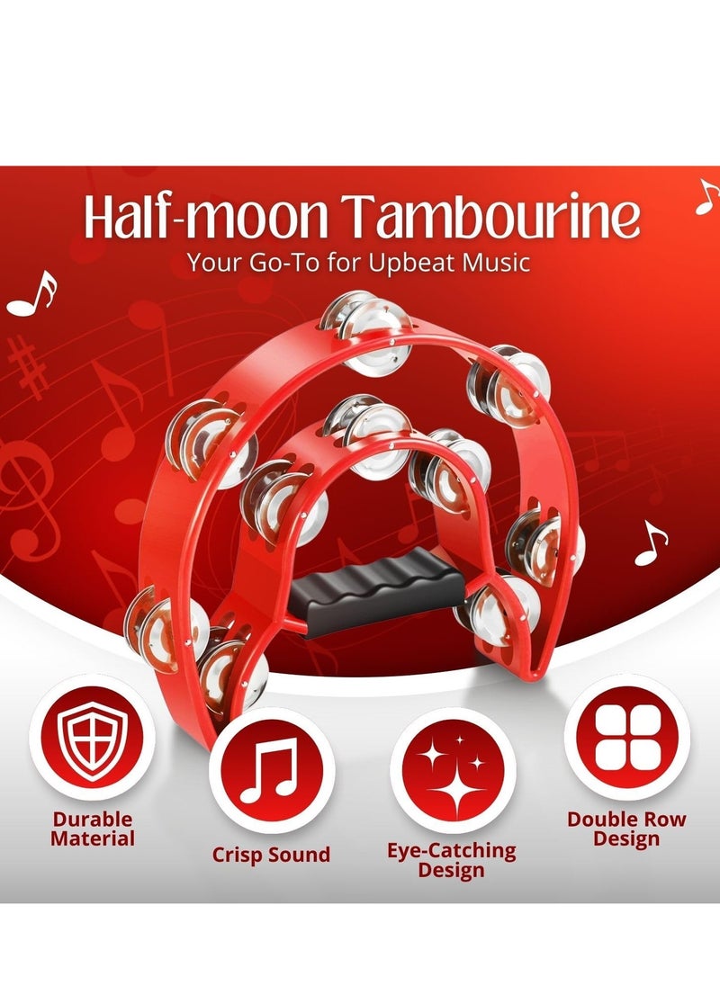 Megarya Megarya Tambourine Metal Half Moon Musical Instruments Double Row Metal Jingles Hand Held Instruments Percussion with Ergonomic Handle Grip, Tambourines for Adults Church, Red  - Image 5