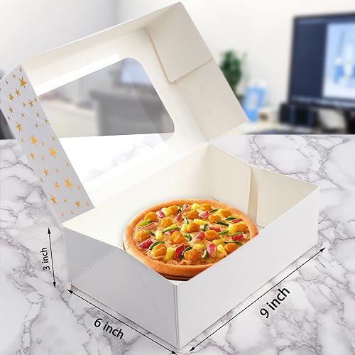 CHOUNYEE 24 PCS Christmas Cookie Boxes for Gift Giving, 9x6x3 Golden Star Christmas Treat Boxes with Window, Auto-Up Holiday Cookie Boxes,Baking Goods Packaging Box for Desserts, Mini Cake, Donuts - Image 2