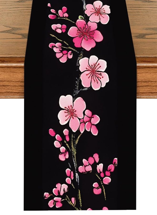 ANNA QUEEN Cherry Blossom Table Runner 13x72 Inch, Japanese Sakura Floral on Black Background, Elegant Table Decor for Wedding, Dining Table, Tea Ceremony, or Home Decoration - Image 1