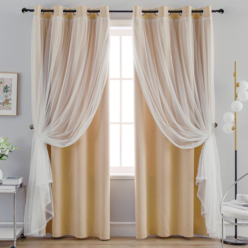 Anytime Home Curtains Blackout and Sheer Layered Solid Window Curtain Panel Pair with Grommet Top, 52Wx95L,Beige - Image 1