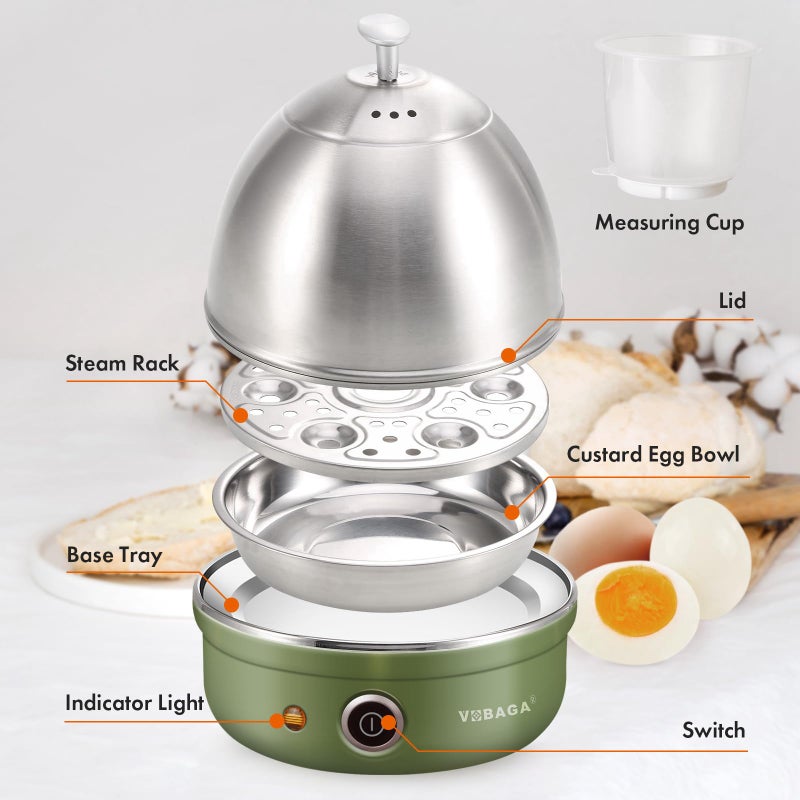 Vobaga VOBAGA Electric Egg Cooker, Rapid Egg Boiler with Auto Shut Off for Soft, Medium, Hard Boiled, Poached, Steamed Eggs, Vegetables and Dumplings, Stainless Steel Tray with 7-Egg Capacity (Green)  - Image 3